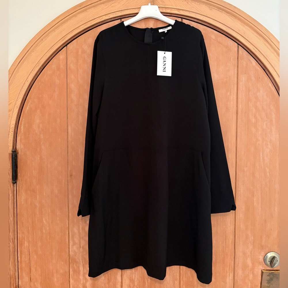 Ganni NWT Clark black heavy crepe mini dress, 42